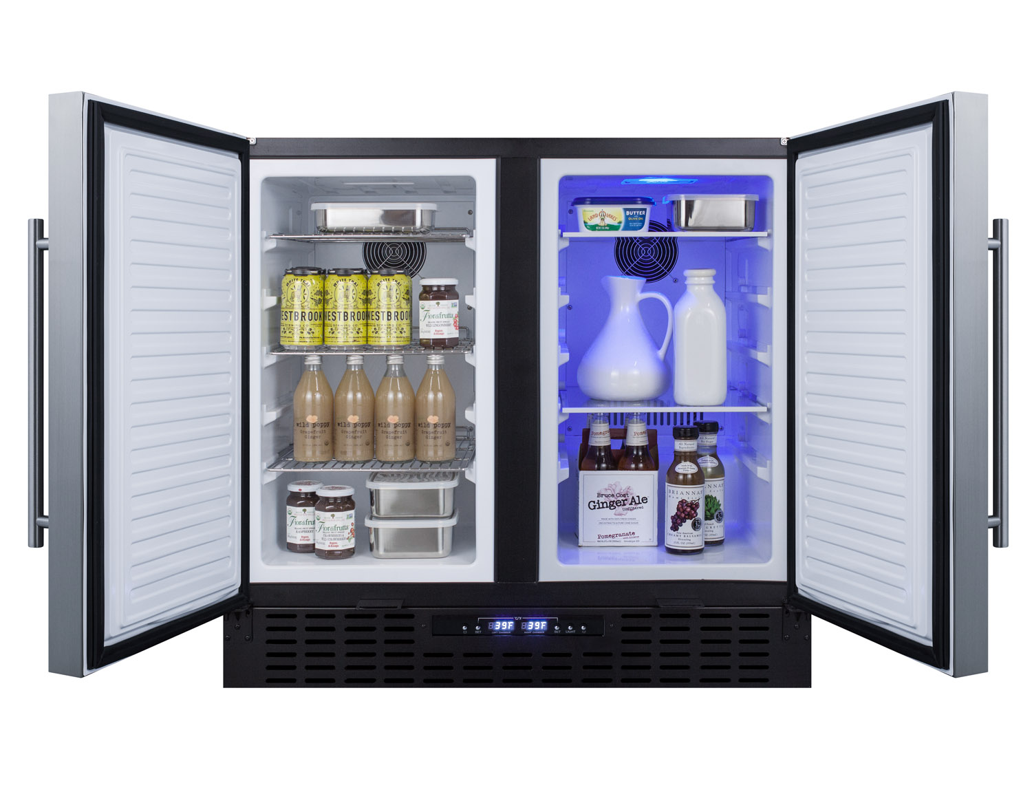 Commercially approved, frost-free, side-by-side refrigerator-freezer for built-in or freestanding use with two stainless steel doors, black cabinet, front-placed digital controls, and front locks
